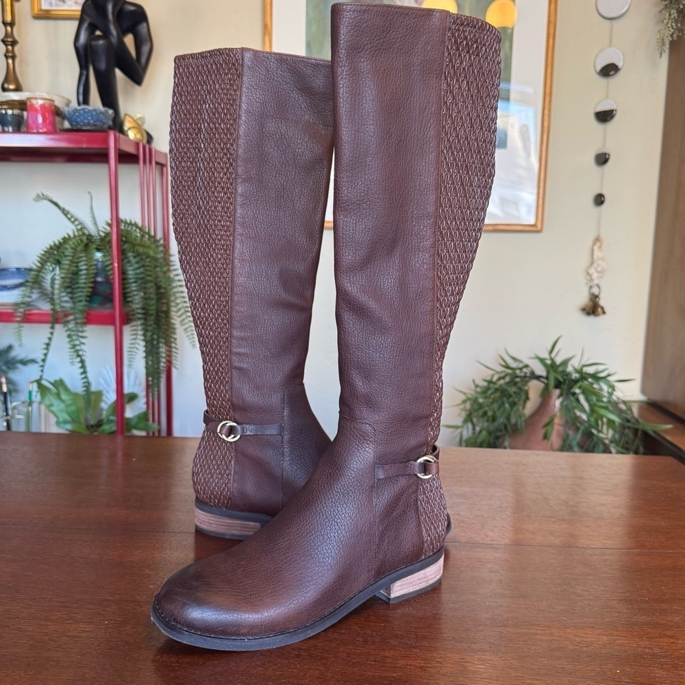 Cole Haan Isabell Stretch Riding Boot Chestnut Brown Leather Low Block Heel | 6 - Picture 1 of 11